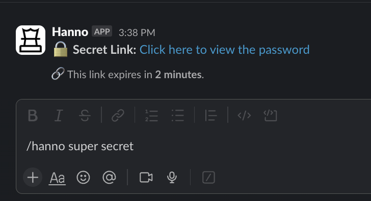 Hanno Slack app interface showing secure password sharing functionality